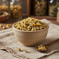 Dried chamomile flowers in a ceramic bowl