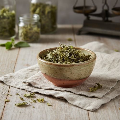 Dried lemon balm leaves in a rustic ceramic bowl on natural linen