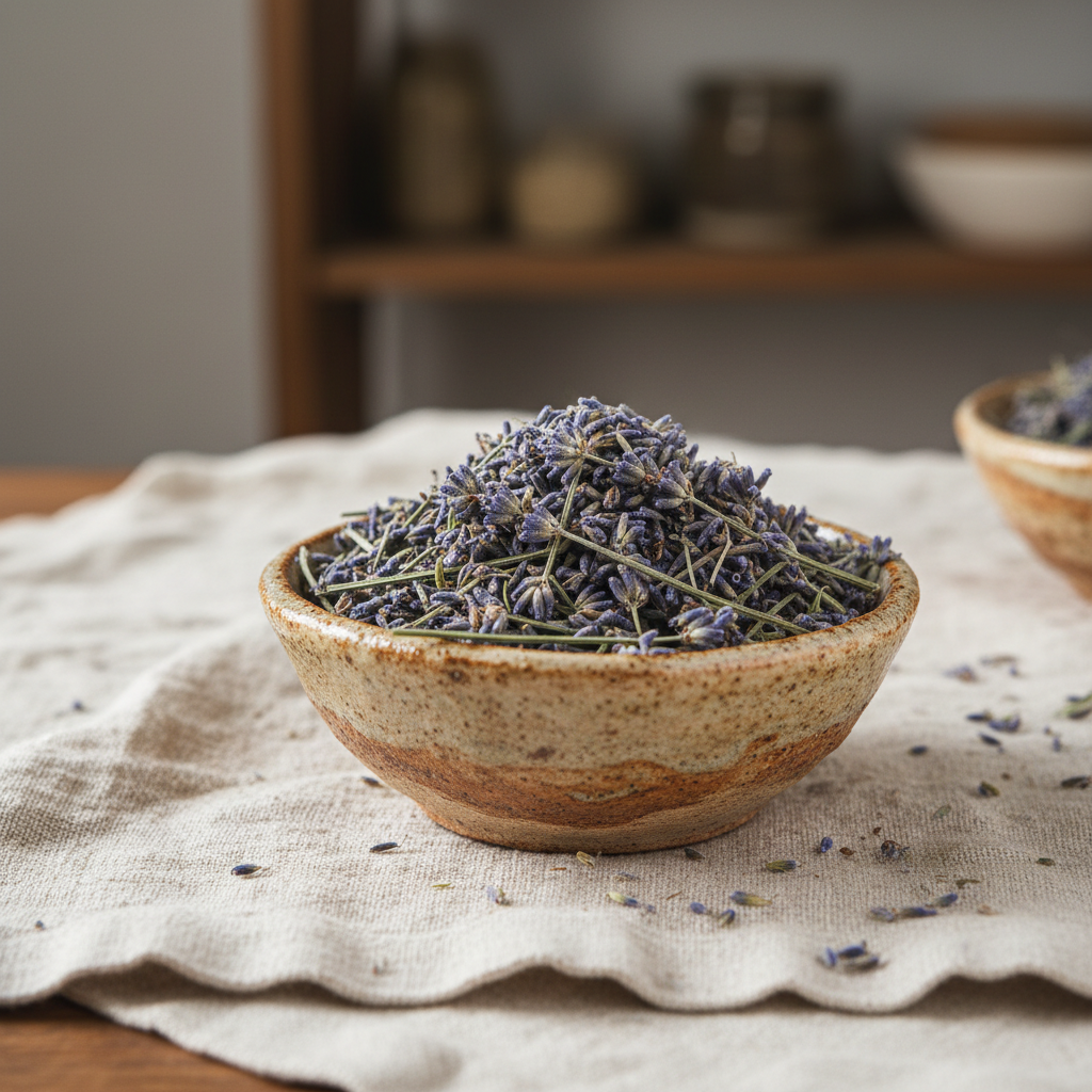 Dried lavender flowers in a rustic ceramic bowl on natural linen