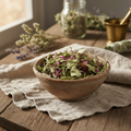Dried echinacea herb in a rustic ceramic bowl