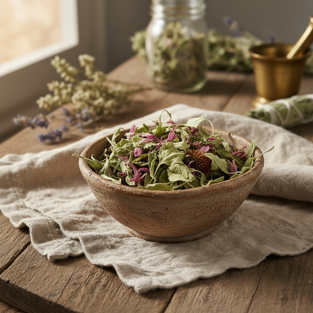 Dried echinacea herb in a rustic ceramic bowl