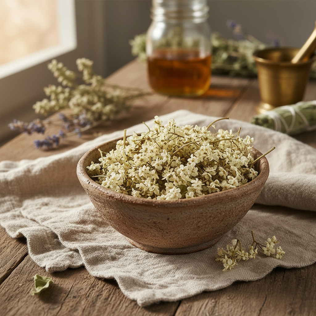 Dried elderflower blossoms in a rustic ceramic bowl