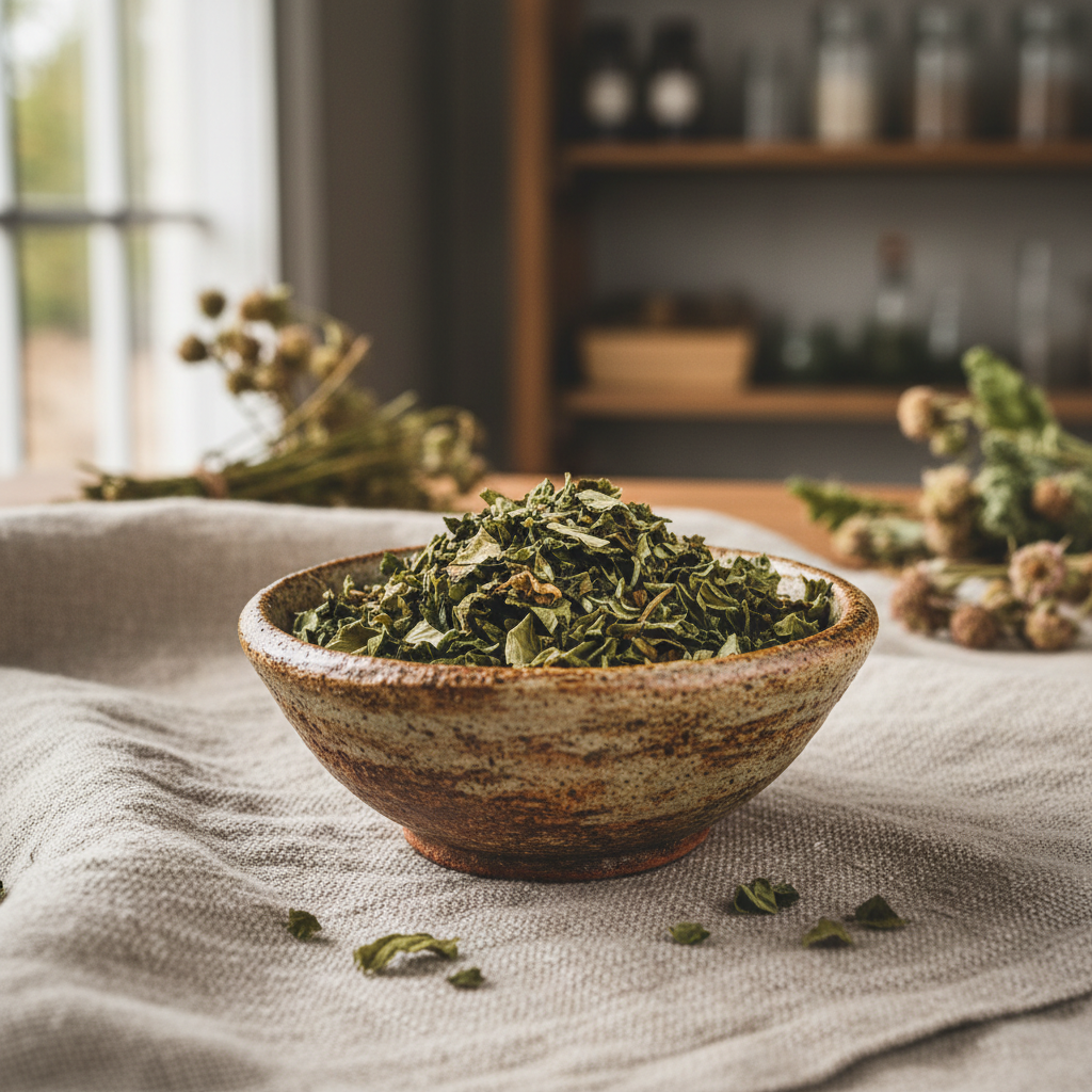 Dried raspberry leaf in a rustic ceramic bowl on natural linen
