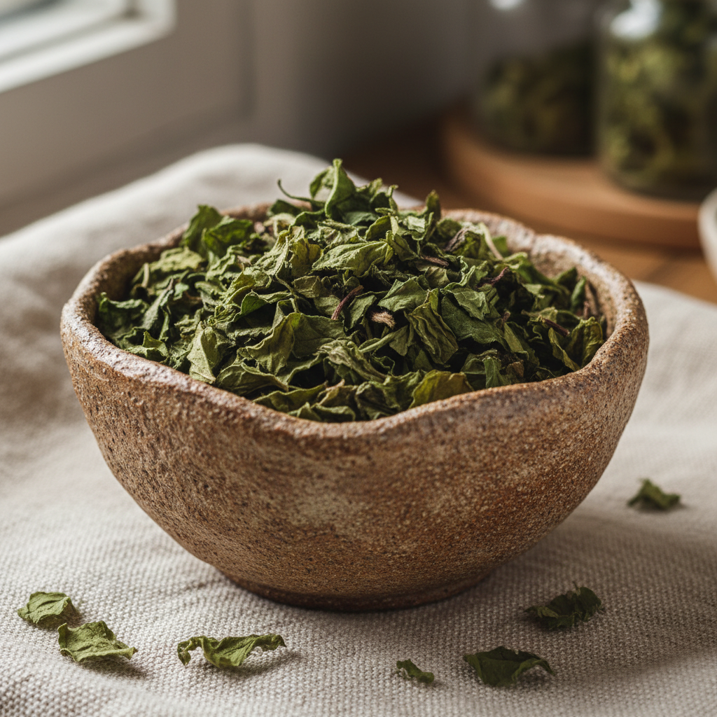 Dried peppermint leaves in a rustic ceramic bowl on natural linen