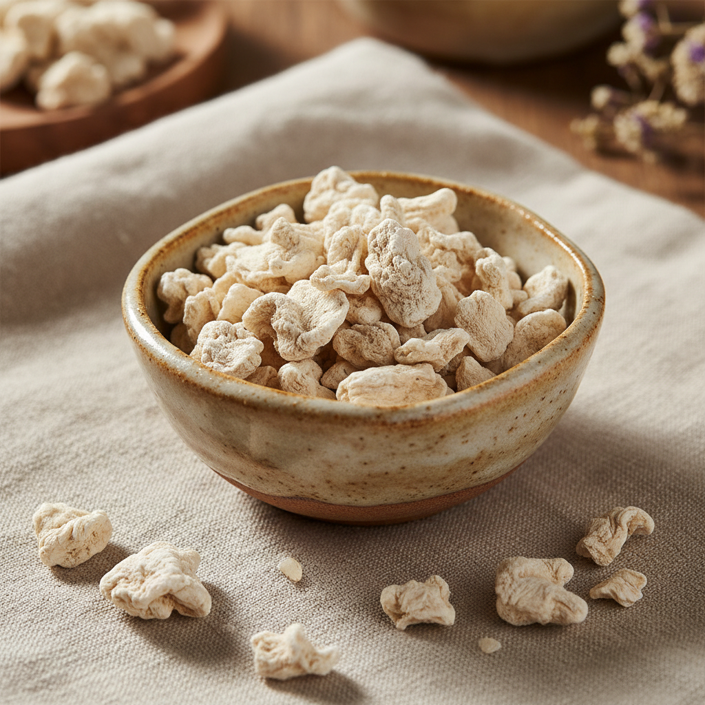 Dried marshmallow root in a rustic ceramic bowl on natural linen