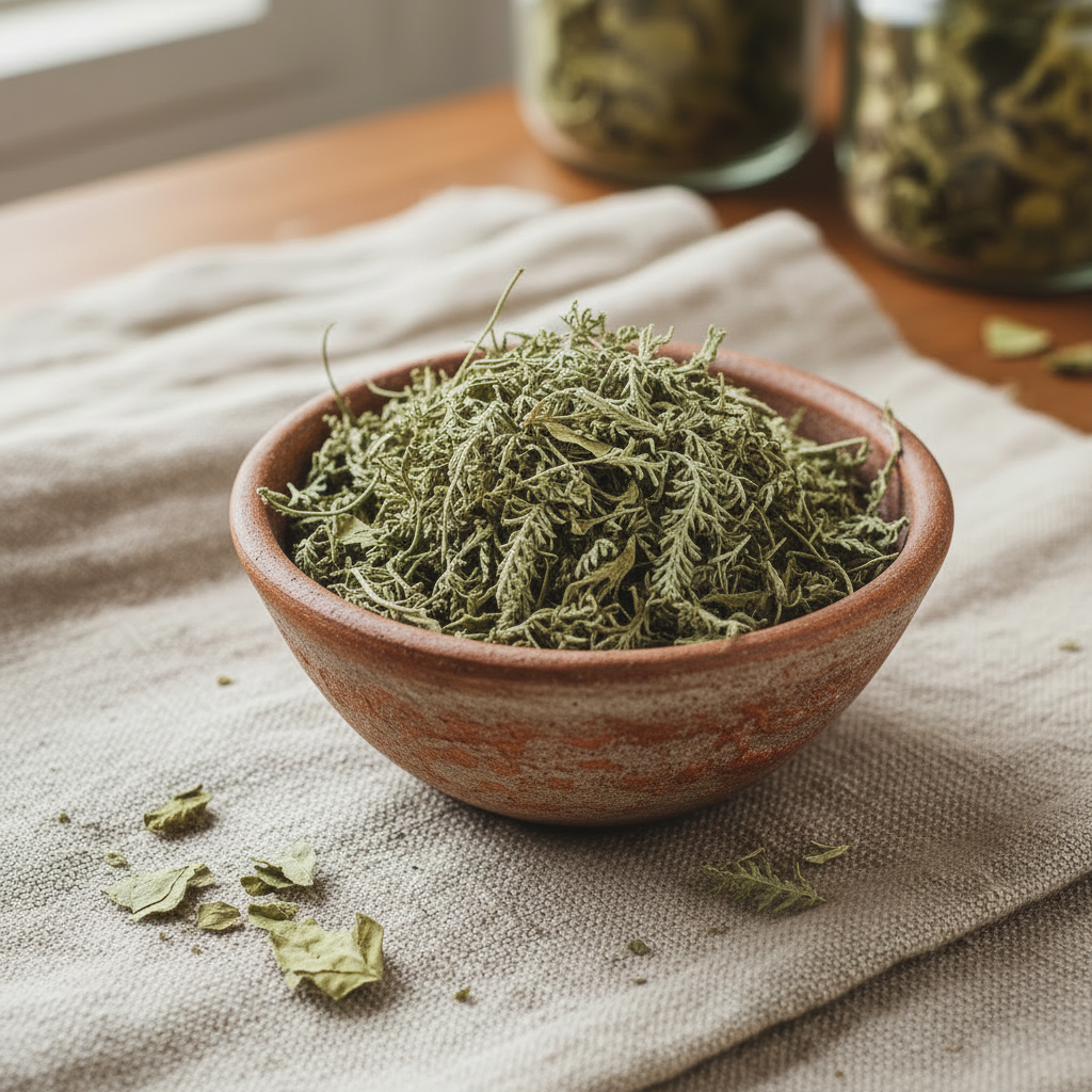 Dried yarrow herb in a rustic ceramic bowl