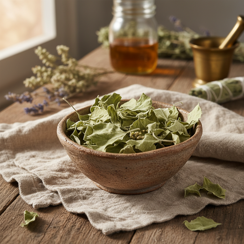 Dried mullein leaves in a rustic ceramic bowl on natural linen