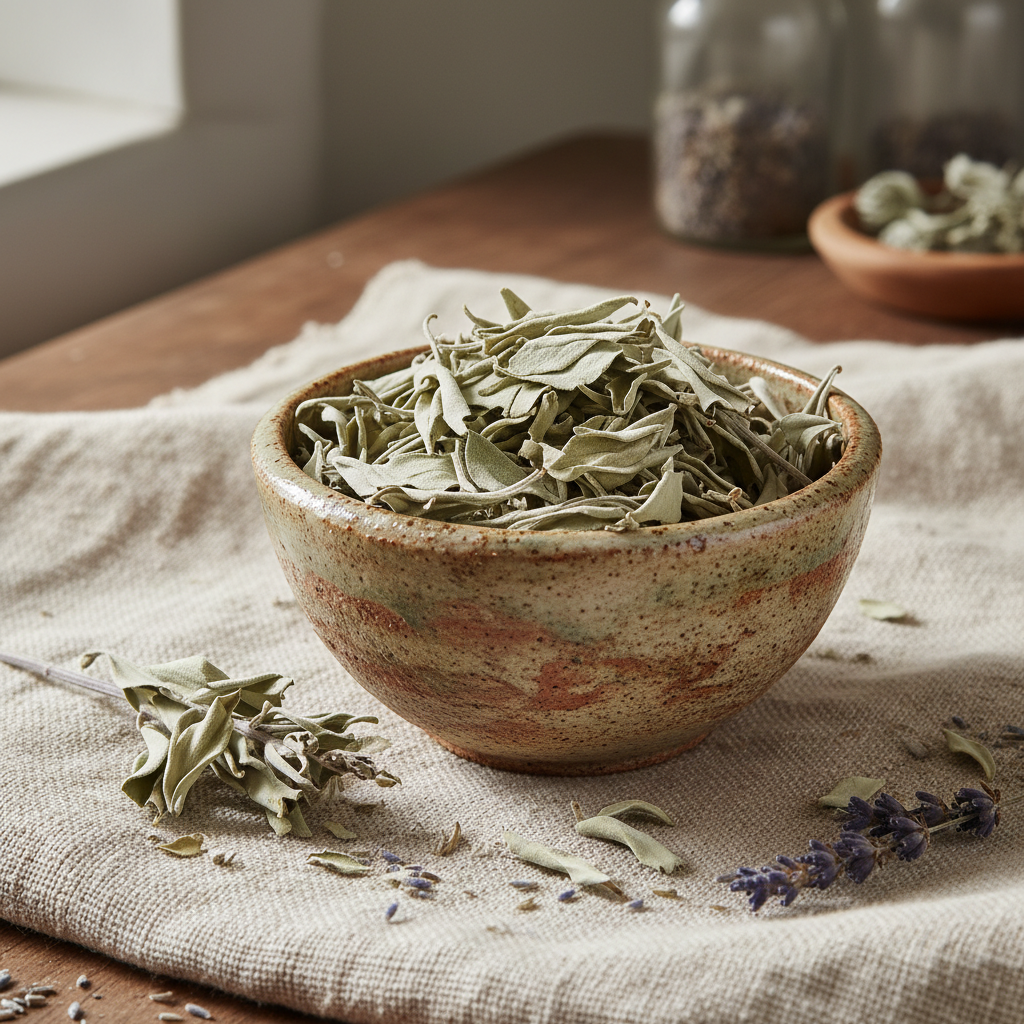 Dried sage leaves in a rustic ceramic bowl on natural linen