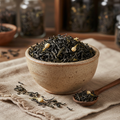Jasmine green tea with dark dried leaves and occasional flowers