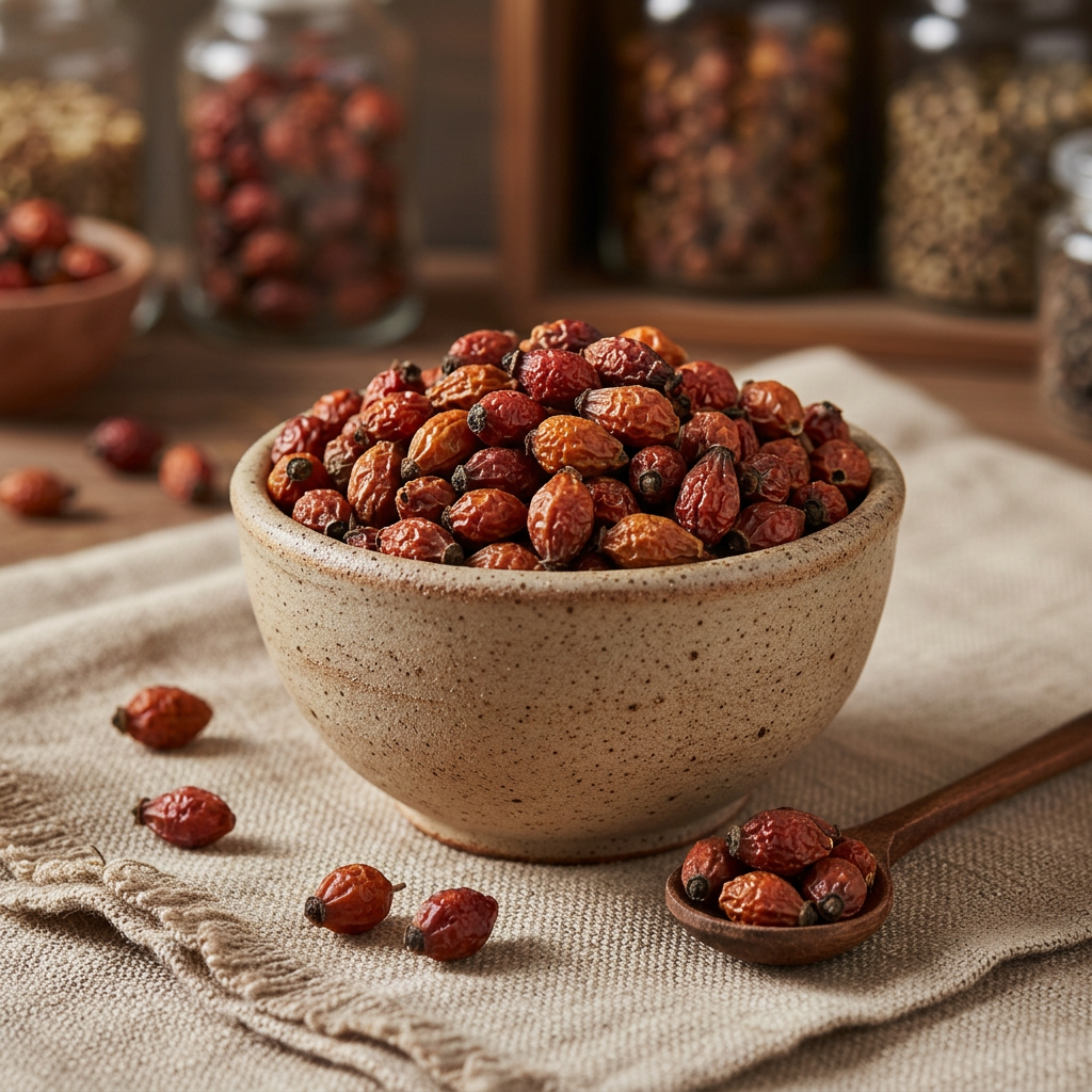 Whole dried rosehip berries product photo